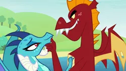 Size: 900x506 | Tagged: artist:queencold, derpibooru import, dragon, dragoness, duo, emble, female, garble, holding chin, lake, looking at each other, male, princess ember, romantic, safe, shipping, straight, touching face, tree