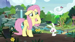 Size: 1920x1080 | Tagged: safe, derpibooru import, screencap, angel bunny, clementine, discord, fluttershy, harry, draconequus, ferret, giraffe, goat, otter, pegasus, pony, rabbit, season 8, spoiler:s08, cute, eating, floppy ears, hoof on cheek, intro, messy eating, shyabetes, smiling, sweet feather sanctuary