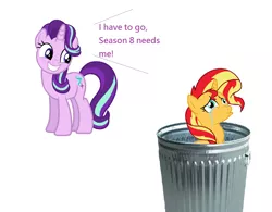 Size: 1060x828 | Tagged: safe, derpibooru import, starlight glimmer, sunset shimmer, pony, unicorn, abuse, downvote bait, drama, female, mare, sad, shimmerbuse, simple background, sunset shimmer's trash can, trash can, white background, why