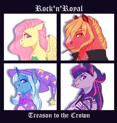 Size: 4500x4750 | Tagged: safe, artist:earthsong9405, deleted from derpibooru, derpibooru import, big macintosh, fluttershy, trixie, twilight sparkle, anthro, earth pony, pegasus, unicorn, absurd resolution, album cover, alternate hairstyle, beard, blaze (coat marking), clothes, demon days, facial hair, female, gorillaz, hat, male, moustache, rock n royal au, sideburns, smiling, stallion, tattoo, tongue out, trixie's hat