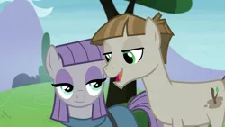 Size: 1920x1080 | Tagged: safe, derpibooru import, screencap, maud pie, mudbriar, earth pony, pony, the maud couple, duo, female, male, mare, maudbriar, shipping, smiling, stallion, straight, when he smiles, when she smiles