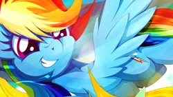 Size: 1920x1080 | Tagged: safe, artist:rariedash, derpibooru import, part of a set, lightning dust, rainbow dash, pegasus, pony, female, flying, mare, rainbow trail, smiling, solo, spread wings, wings