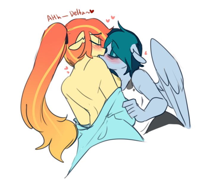 Size: 757x669 | Tagged: anthro, artist:redxbacon, blushing, derpibooru import, female, females only, kissing, lesbian, nipples, nudity, oc, oc:delta vee, oc:sunny lane, oc:trash, oc x oc, pegasus, questionable, shipping, spread wings, trashvee, undressing, unofficial characters only, wingboner, wings