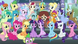 Size: 1920x1080 | Tagged: safe, derpibooru import, screencap, applejack, berry blend, berry bliss, citrine spark, clever musings, fire quacker, fluttershy, gallus, november rain, ocellus, peppermint goldylinks, pinkie pie, rainbow dash, rarity, sandbar, silverstream, smolder, spike, starlight glimmer, sugar maple, twilight sparkle, twilight sparkle (alicorn), yona, alicorn, changedling, changeling, classical hippogriff, dragon, earth pony, gryphon, hippogriff, pegasus, pony, unicorn, school daze, cloven hooves, cowboy hat, female, friendship student, hat, intro, jewelry, looking at you, male, mane six, mare, necklace, school of friendship, sitting, stallion, student six, teenager, theme song