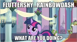 Size: 628x346 | Tagged: safe, derpibooru import, edit, edited screencap, screencap, fluttershy, rainbow dash, twilight sparkle, a canterlot wedding, dirty thoughts, female, flutterdash, flutterdashlight, lesbian, shipping