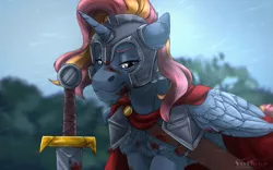 Size: 1443x901 | Tagged: safe, artist:marinavermilion, derpibooru import, oc, unofficial characters only, pegasus, pony, armor, blood, injured, male, stallion, sword, unknown pony, warrior, weapon