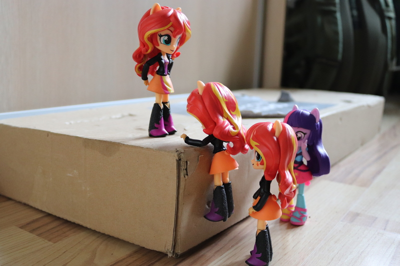 Size: 6000x4000 | Tagged: safe, artist:artofmagicpoland, derpibooru import, sunset shimmer, twilight sparkle, twilight sparkle (alicorn), alicorn, equestria girls, april fools, backpack, cardboard box, doll, equestria girls minis, eqventures of the minis, eyes on the prize, looking at each other, meme, multeity, my little pony, shimmerstorm, shocked, the end is neigh, toy, triality, trio, we are doomed, xk-class end-of-the-kitchen scenario, xk-class end-of-the-world scenario