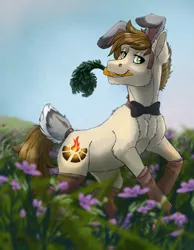 Size: 1111x1429 | Tagged: safe, artist:marinavermilion, derpibooru import, oc, unofficial characters only, bowtie, bunny ears, carrot, clothes, easter, fake ears, fake tail, food, grass, holiday, male, meadow, mouth hold, socks, solo, stallion, unknown pony