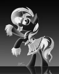 Size: 2000x2500 | Tagged: safe, alternate version, artist:duskie-06, derpibooru import, sunset shimmer, pony, unicorn, bipedal, cheerleader, cheerleader outfit, clothes, cute, female, gradient background, grayscale, hoof hold, inverted, mare, midriff, monochrome, open mouth, pom pom, rearing, reflection, shimmerbetes, signature, skirt, skirt lift, solo