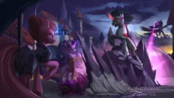 Size: 1920x1080 | Tagged: safe, artist:discordthege, derpibooru import, part of a set, grogar, king sombra, starlight glimmer, sunset shimmer, tempest shadow, twilight sparkle, twilight sparkle (alicorn), alicorn, pony, unicorn, my little pony: the movie, armor, castle, female, fight, final battle, glowing horn, magic, male, mare, part of a series, scenery, stallion, tambelon