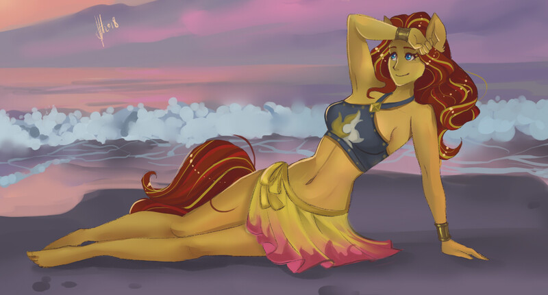 Size: 1300x700 | Tagged: safe, artist:xjenn9, derpibooru import, sunset shimmer, equestria girls, equestria girls series, forgotten friendship, armpits, barefoot, beach, belly button, clothes, feet, midriff, ponied up, pony ears, sitting, swimsuit