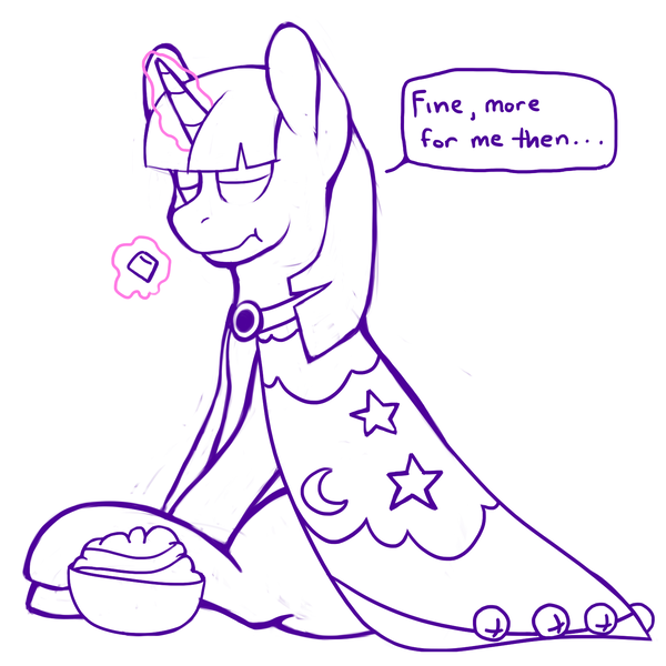 Size: 1500x1500 | Tagged: safe, artist:fatponi, derpibooru import, part of a set, twilight sparkle, unicorn, candy, candy bowl, clothes, costume, dialogue, eating, eyes closed, female, food, glowing horn, lineart, magic, nightmare night, nightmare night costume, part of a series, simple background, solo, star swirl the bearded costume, telekinesis, this will end in weight gain, unicorn twilight, white background