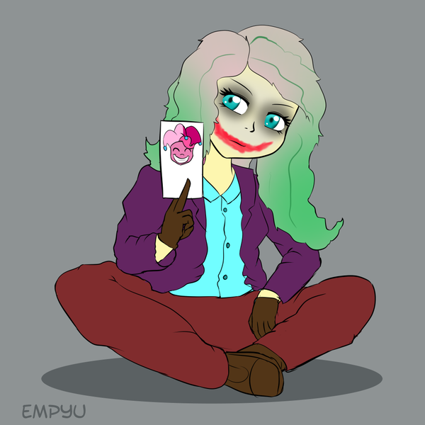 Size: 1000x1000 | Tagged: safe, artist:empyu, derpibooru import, fluttershy, pinkie pie, equestria girls, card, clothes, cosplay, costume, crossed legs, female, makeup, simple background, the joker