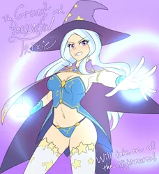 Size: 1280x1401 | Tagged: armpits, artist:jonfawkes, belly button, big breasts, blushing, bracelet, breasts, busty trixie, cape, cleavage, clothes, derpibooru import, eyelashes, female, glowing hands, gradient background, great and powerful, hat, human, humanized, jewelry, light skin, looking at you, magic, midriff, panties, series:nightmare war, sexy, sideass, smiling, socks, solo, solo female, stockings, suggestive, thigh highs, thong armor, trixie, trixie's cape, trixie's hat, underwear