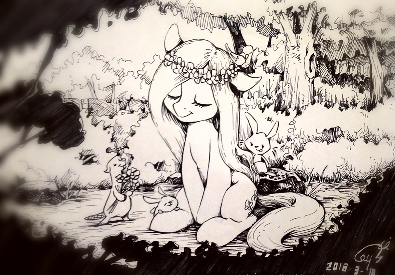 Size: 3014x2104 | Tagged: safe, artist:louislithium, derpibooru import, angel bunny, fluttershy, bird, pegasus, pony, animal, brushie, eyes closed, female, floral head wreath, flower, forest, grayscale, mare, monochrome, peaceful, sitting, sitting on head, smiling, traditional art