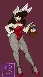 Size: 1440x2560 | Tagged: safe, artist:dimvitrarius, derpibooru import, oc, oc:sunny, anthro, earth pony, unguligrade anthro, animal costume, anthro oc, armpits, basket, bunny ears, bunny suit, bunny tail, chubby, clothes, costume, cuffs (clothes), easter, easter basket, easter bunny, easter egg, female, fishnet pantyhose, high heels, holiday, leotard, lip gloss, lipstick, looking at you, nail polish, shoes, simple background, solo