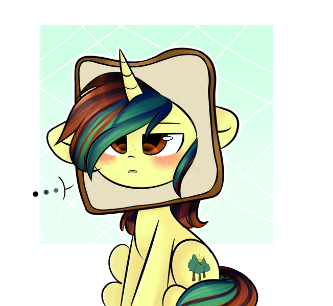 Size: 2639x2429 | Tagged: safe, artist:thieftea, derpibooru import, oc, oc:northern spring, unofficial characters only, unicorn, ..., blushing, bread, bread head, female, food, freckles, simple background, sitting, solo, unamused