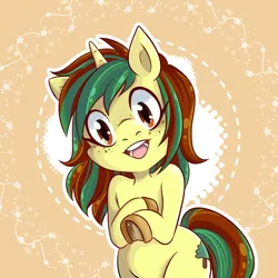 Size: 1654x1654 | Tagged: safe, artist:mnkrm, derpibooru import, oc, oc:northern spring, unofficial characters only, pony, unicorn, abstract background, female, freckles, hoof on chest, looking at you, open mouth, pointing, simple background, smiling, solo
