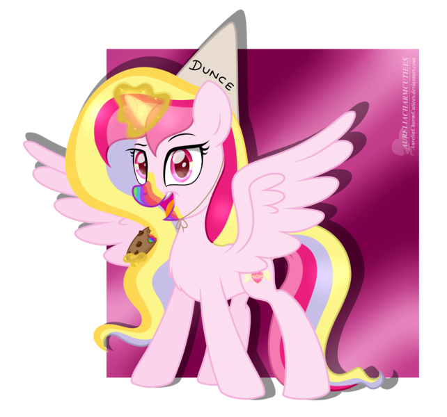 Size: 4822x4508 | Tagged: absurd resolution, alicorn, alicorn oc, april fools, april fools 2018, artist:raspberrystudios, derpibooru import, dunce hat, hat, joke cookie, magic, oc, oc:aurelia charm, safe, unofficial characters only