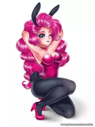 Size: 800x1069 | Tagged: suggestive, artist:racoonsan, derpibooru import, pinkie pie, human, ;p, adorasexy, armpits, bowtie, breasts, bunny ears, bunny suit, bunny tail, busty pinkie pie, cleavage, clothes, cute, diapinkes, female, high heels, humanized, leotard, long hair, looking at you, one eye closed, pantyhose, playboy bunny, sexy, shoes, simple background, smiling, solo, solo female, tongue out, white background, wink
