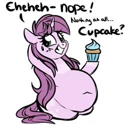 Size: 2000x2000 | Tagged: safe, artist:mulberrytarthorse, derpibooru import, oc, oc:mulberry tart, unofficial characters only, unicorn, belly, belly button, big belly, chubby, cupcake, fat, female, fetish, food, grin, implied vore, mare, nervous, nervous grin, obese, simple background, smiling, solo, vore, white background