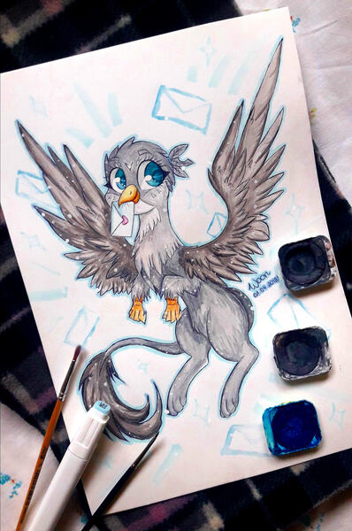 Size: 1836x2767 | Tagged: safe, artist:woonborg, derpibooru import, gabby, gryphon, envelope, paintbrush, signature, smiling, solo, spread wings, traditional art, watercolor painting, wings