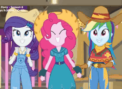 Size: 491x360 | Tagged: safe, derpibooru import, screencap, pinkie pie, rainbow dash, rarity, equestria girls, equestria girls series, five to nine, animated, barn, boots, bracelet, clothes, country, cowboy hat, cowgirl, cowgirl outfit, cute, dancing, dancity, dashabetes, diapinkes, dress, eyes closed, farmer pinkie, female, gif, grin, hat, jacket, jewelry, overalls, pants, raribetes, shoes, smiling, squee, stetson, trio, trio female