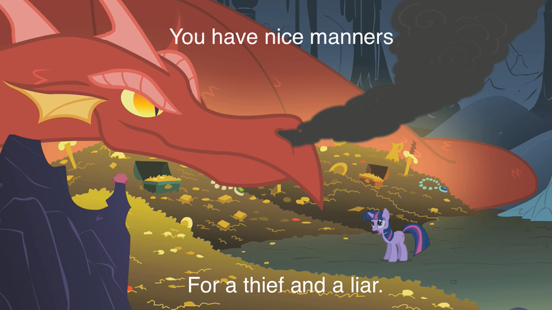 Size: 1280x720 | Tagged: safe, derpibooru import, edit, edited screencap, editor:frustration in excelsis, screencap, basil, twilight sparkle, dragon, pony, unicorn, dragonshy, dragon hoard, duo, gold, hoard, image macro, meme, smaug the golden, smoke, the hobbit, treasure, unicorn twilight