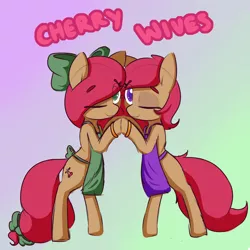 Size: 2500x2500 | Tagged: safe, artist:lockheart, derpibooru import, oc, oc:cherry sweetheart, oc:stella cherry, unofficial characters only, earth pony, pony, apron, bow, clothes, duo, female, hair bow, mare, one eye closed, smiling, tail bow, wink