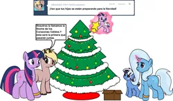 Size: 1013x596 | Tagged: safe, artist:dekomaru, derpibooru import, trixie, twilight sparkle, oc, oc:aurora, oc:nebula, oc:rudolph, earth pony, pony, unicorn, tumblr:ask twixie, ask, baby, baby pony, box, christmas, christmas tree, colt, female, filly, hearts warming day, holiday, lesbian, magical lesbian spawn, male, offspring, parent:trixie, parent:twilight sparkle, parents:twixie, shipping, simple background, spanish, stars, translation, tree, tumblr, twixie, white background