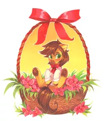 Size: 1768x2018 | Tagged: safe, artist:lispp, derpibooru import, oc, oc:ardent shield, unofficial characters only, earth pony, pony, basket, bow, bowtie, easter, easter basket, flower, holiday, marker drawing, pony in a basket, solo, traditional art, underhoof, ych result