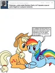 Size: 600x800 | Tagged: safe, artist:dekomaru, derpibooru import, applejack, rainbow dash, earth pony, pegasus, pony, tumblr:ask twixie, appledash, ask, female, lesbian, pregnant, shipping, spanish, translation, tumblr