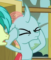 Size: 170x200 | Tagged: safe, derpibooru import, screencap, ocellus, sandbar, changedling, changeling, earth pony, pony, school daze, animated, cropped, eyes closed, frown, gif, gif for breezies, headache, loop, male, massaging, picture for breezies, reaction image, solo focus, stallion