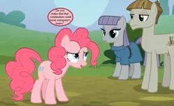 Size: 810x495 | Tagged: safe, derpibooru import, edit, edited screencap, screencap, maud pie, mudbriar, pinkie pie, earth pony, pony, the maud couple, cropped, female, male, maudbriar, pun, shipping, straight, text