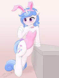 Size: 1024x1365 | Tagged: safe, artist:novaintellus, derpibooru import, oc, oc:melodia, unofficial characters only, pony, blushing, bunny ears, bunny suit, clothes, cute, female, leotard, mare, shy, solo