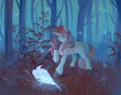 Size: 1024x801 | Tagged: safe, artist:peachmayflower, derpibooru import, oc, unofficial characters only, bird, pony, unicorn, cloak, clothes, duo, female, forest, mare, scenery