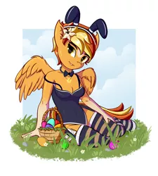 Size: 1080x1200 | Tagged: anthro, artist:karat3l, basket, bedroom eyes, bowtie, breasts, bunny suit, clothes, commission, derpibooru import, easter basket, easter egg, female, flower, flower in hair, grass, looking at you, oc, oc:serenity, pegasus, sitting, solo, stockings, suggestive, thigh highs, unguligrade anthro, unofficial characters only