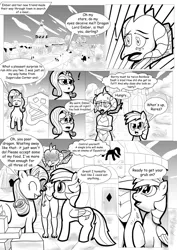 Size: 904x1280 | Tagged: safe, artist:ahobobo, derpibooru import, princess ember, rainbow dash, rarity, dragon, pegasus, pony, unicorn, comic:expanding relations, fanfic, bloodstone scepter, blushing, carousel boutique, chubby, drool, exclamation point, fanfic art, fat, grayscale, hungry, monochrome, raritubby, resisting the urge to vore, surprised, this will end in weight gain