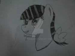 Size: 1024x768 | Tagged: safe, artist:splashsart, derpibooru import, oc, unofficial characters only, pegasus, pony, bust, grayscale, monochrome, portrait, smiling, solo, traditional art, watermark