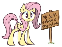 Size: 1280x969 | Tagged: safe, artist:lilboulder, derpibooru import, fluttershy, pegasus, pony, april fools, female, folded wings, looking at you, mare, road sign, self deprecation, sign, simple background, smiling, solo, text, white background