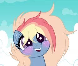 Size: 1024x876 | Tagged: safe, artist:mintoria, derpibooru import, oc, oc:comet dust, pony, base used, blushing, bust, cloud, female, freckles, mare, movie accurate, not rainbow dash, rainbow hair, solo