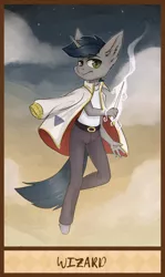 Size: 1264x2114 | Tagged: safe, artist:lonerdemiurge_nail, derpibooru import, oc, anthro, unicorn, clothes, jacket, pants, shirt, solo, tarot, tarot card, the wizard