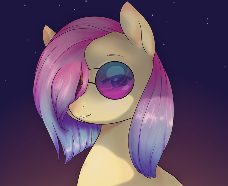 Size: 2750x2250 | Tagged: safe, artist:magiak416, derpibooru import, fluttershy, pegasus, pony, alternate hair color, alternate hairstyle, bust, female, glasses, gradient hair, hair over one eye, looking at you, mare, night, portrait, smiling, solo