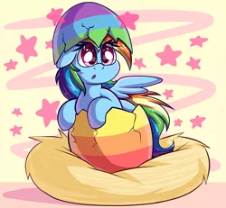 Size: 3022x2787 | Tagged: safe, artist:graphene, derpibooru import, rainbow dash, pony, cute, daaaaaaaaaaaw, dashabetes, easter, easter egg, egghead, egghead dash, female, hatching, holiday, looking up, mare, nest, open mouth, pun, solo, starry eyes, stars, visual pun, wingding eyes