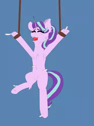 Size: 2005x2686 | Tagged: suggestive, artist:icey-wicey-1517, artist:yathepon7, derpibooru import, starlight glimmer, pony, unicorn, arms in the air, blue background, bondage, chest fluff, collaboration, colored, erotic tickling, eyes closed, feather, female, fetish, front hoof tickling, hanging, hoof fetish, hoof tickling, laughing, mare, open mouth, rope, rope bondage, simple background, solo, solo female, suspended, tickle fetish, tickle torture, tickling