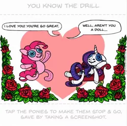 Size: 1602x1596 | Tagged: safe, artist:gingerfoxy, derpibooru import, pinkie pie, rarity, earth pony, pony, unicorn, pony couple generator, fainting couch, flower, heart, plushie, rose