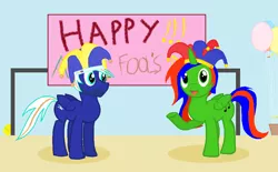 Size: 1088x676 | Tagged: safe, artist:lukington17, derpibooru import, oc, oc:christian clefnote, oc:electric blue, unofficial characters only, alicorn, pegasus, pony, alicorn oc, april fools, balloon, british, easter egg, english, facial hair, hat, holiday, jester, sign, silly, silly pony, spanish, tongue out