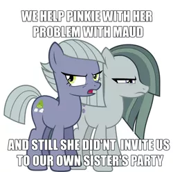 Size: 1320x1311 | Tagged: safe, derpibooru import, limestone pie, marble pie, earth pony, pony, the maud couple, angry, duo, female, mare, meme, simple background, sisters, unamused, upset, white background