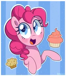 Size: 2000x2300 | Tagged: safe, artist:darkynez, derpibooru import, pinkie pie, earth pony, pony, blushing, cupcake, cute, female, food, happy, mare, muffin, smiling, solo, sprinkles