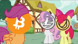 Size: 848x480 | Tagged: safe, derpibooru import, apple bloom, scootaloo, sweetie belle, equestria daily, april fools, april fools 2018, bitcoin, capitalism, cryptocurrency, cutie mark crusaders, garlicoin, image, litecoin, png